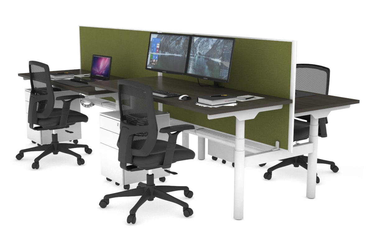 Flexi Premium Height Adjustable 4 Person H-Bench Workstation - White Frame [1600L x 700W] Jasonl dark oak green moss (820H x 1600W) white cable tray