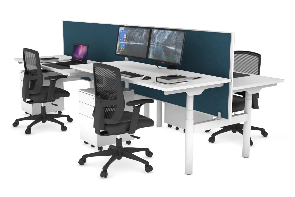 Flexi Premium Height Adjustable 4 Person H-Bench Workstation - White Frame [1600L x 700W] Jasonl white deep blue (820H x 1600W) none
