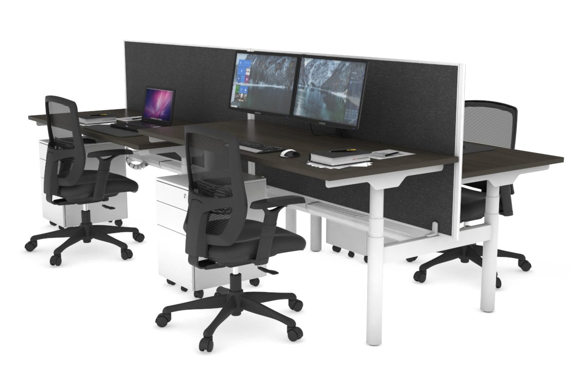Flexi Premium Height Adjustable 4 Person H-Bench Workstation - White Frame [1600L x 700W] Jasonl dark oak moody charchoal (820H x 1600W) white cable tray