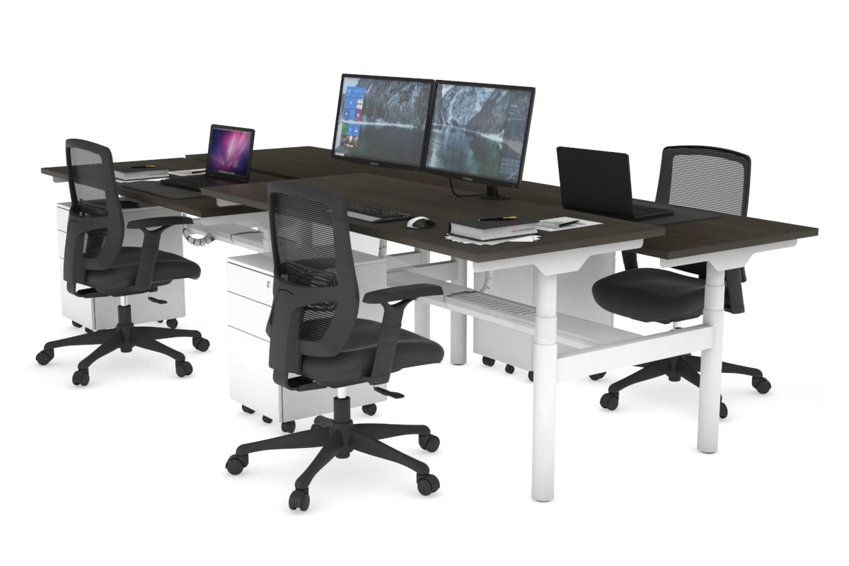 Flexi Premium Height Adjustable 4 Person H-Bench Workstation - White Frame [1600L x 700W] Jasonl dark oak none white cable tray