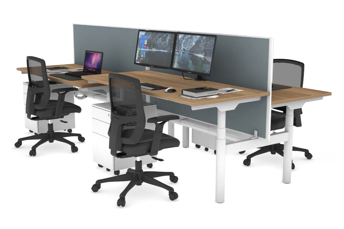 Flexi Premium Height Adjustable 4 Person H-Bench Workstation - White Frame [1600L x 700W] Jasonl salvage oak cool grey (820H x 1600W) white cable tray