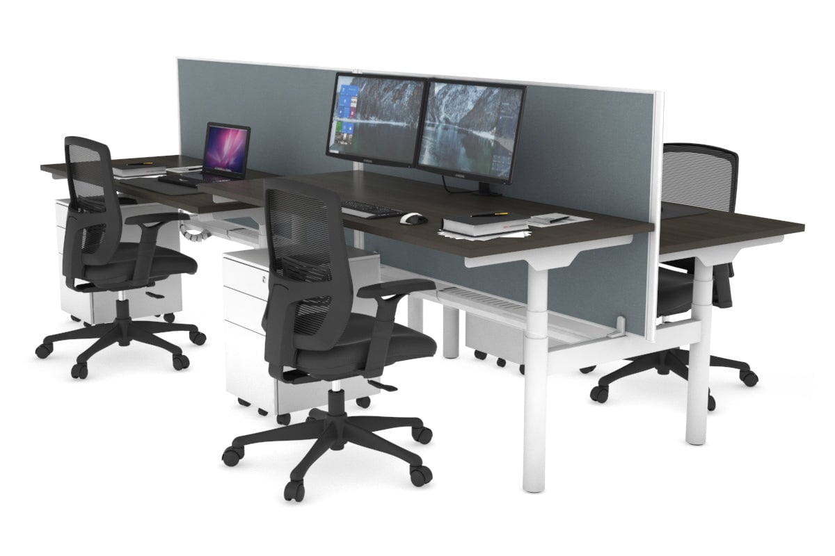 Flexi Premium Height Adjustable 4 Person H-Bench Workstation - White Frame [1600L x 700W] Jasonl dark oak cool grey (820H x 1600W) white cable tray