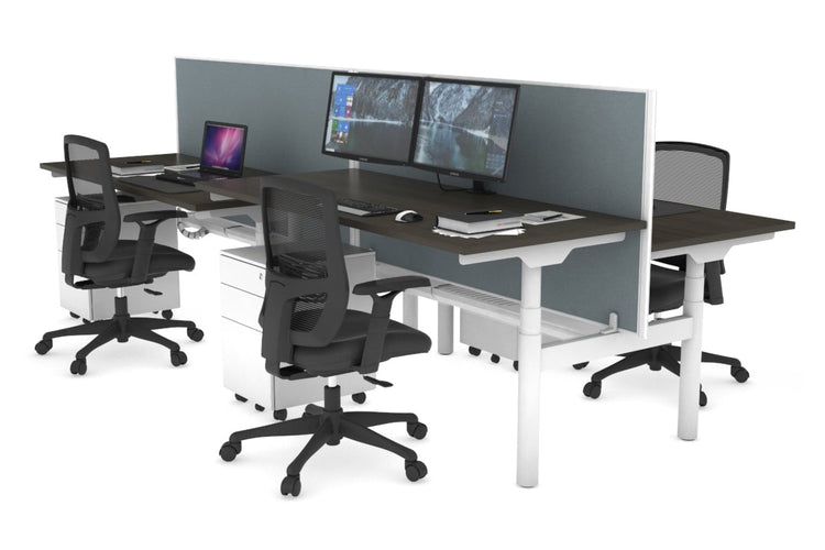 Flexi Premium Height Adjustable 4 Person H-Bench Workstation - White Frame [1600L x 700W] Jasonl dark oak cool grey (820H x 1600W) white cable tray