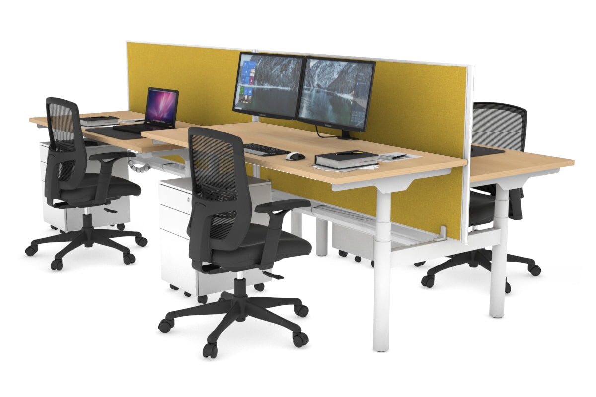Flexi Premium Height Adjustable 4 Person H-Bench Workstation - White Frame [1600L x 700W] Jasonl maple mustard yellow (820H x 1600W) white cable tray