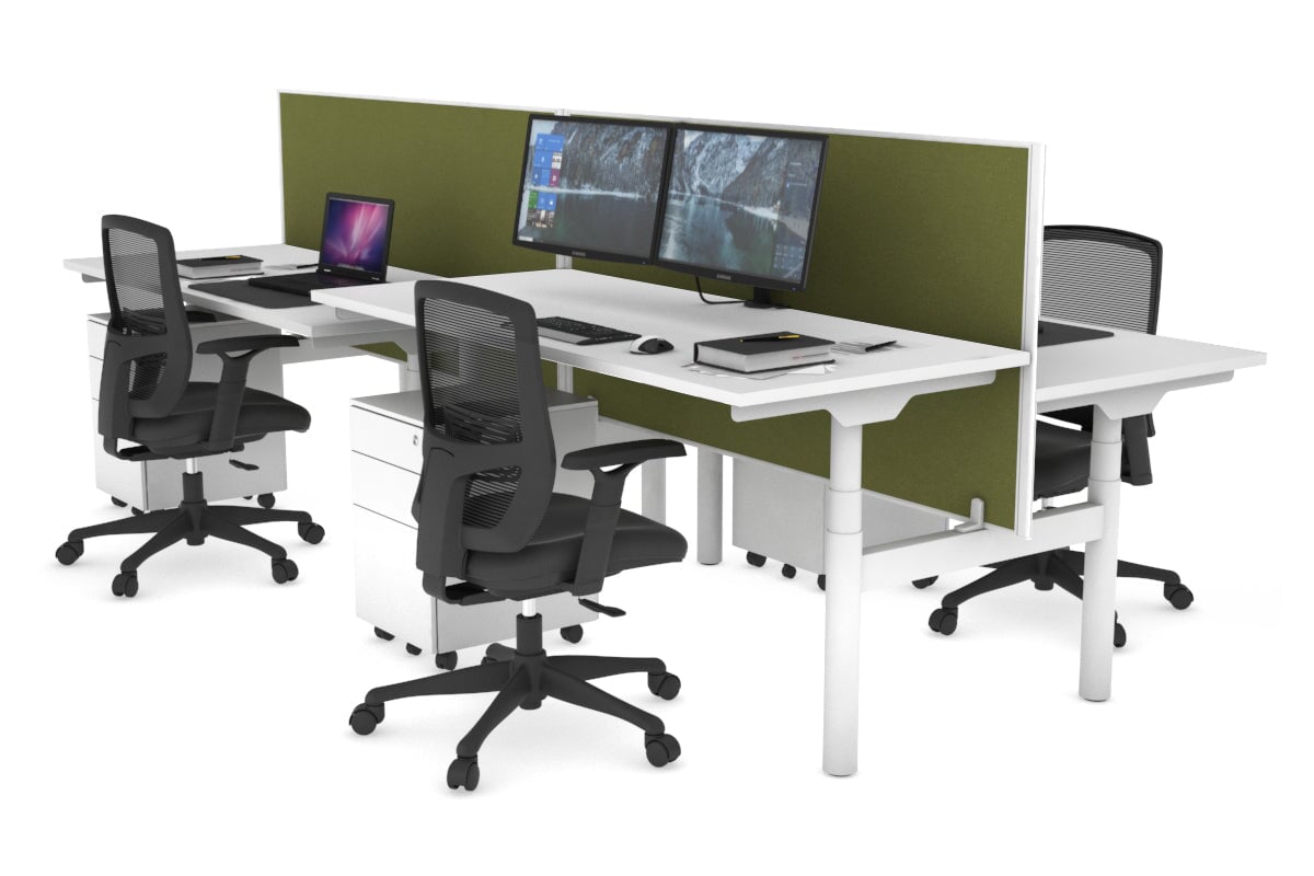Flexi Premium Height Adjustable 4 Person H-Bench Workstation - White Frame [1600L x 700W] Jasonl white green moss (820H x 1600W) none
