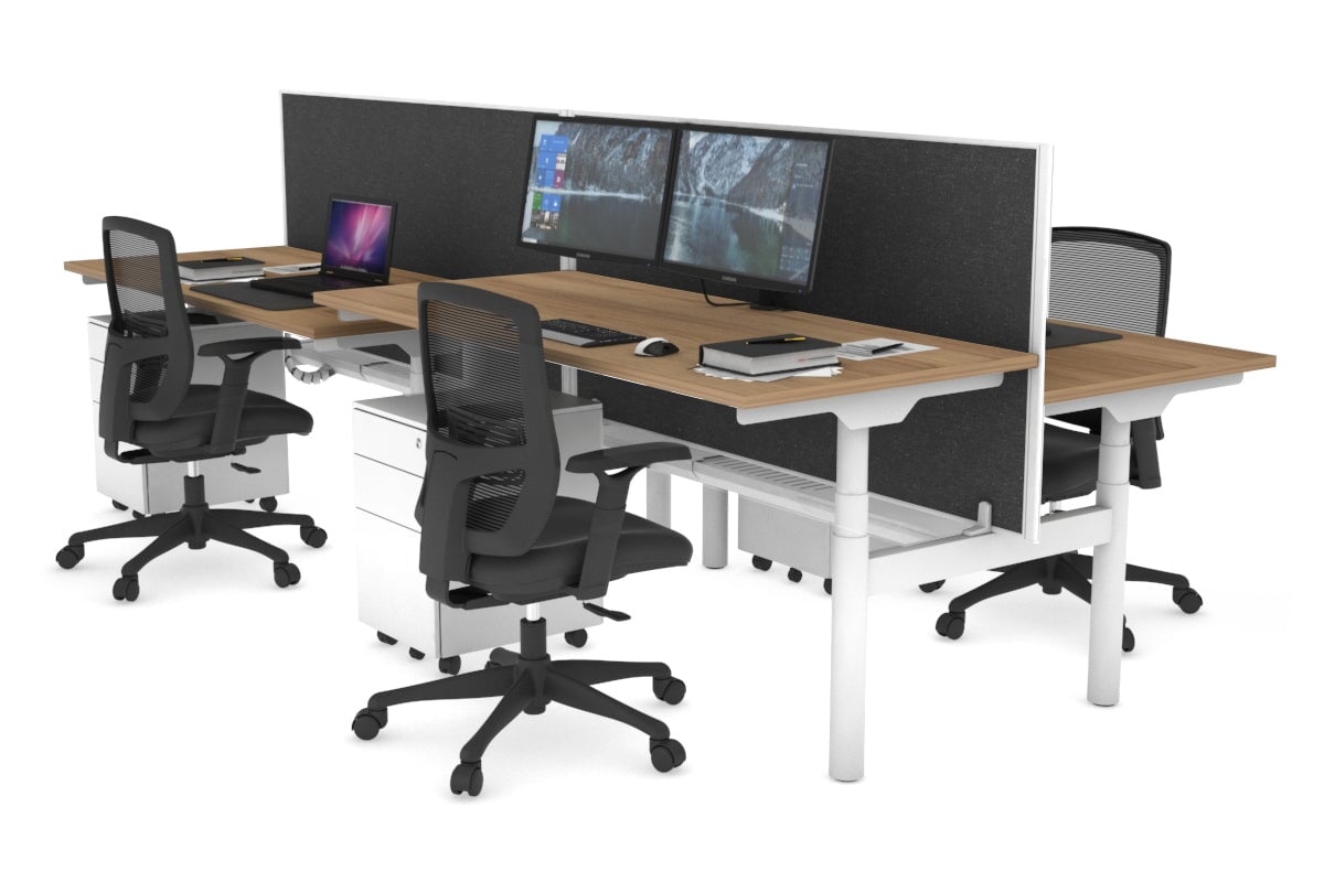 Flexi Premium Height Adjustable 4 Person H-Bench Workstation - White Frame [1600L x 700W] Jasonl salvage oak moody charchoal (820H x 1600W) white cable tray