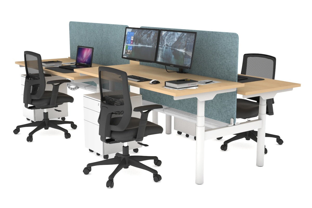 Flexi Premium Height Adjustable 4 Person H-Bench Workstation - White Frame [1800L x 700W] Jasonl maple blue echo panel (820H x 1600W) white cable tray