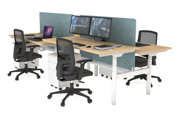 Flexi Premium Height Adjustable 4 Person H-Bench Workstation - White Frame [1800L x 700W] Jasonl maple blue echo panel (820H x 1600W) white cable tray
