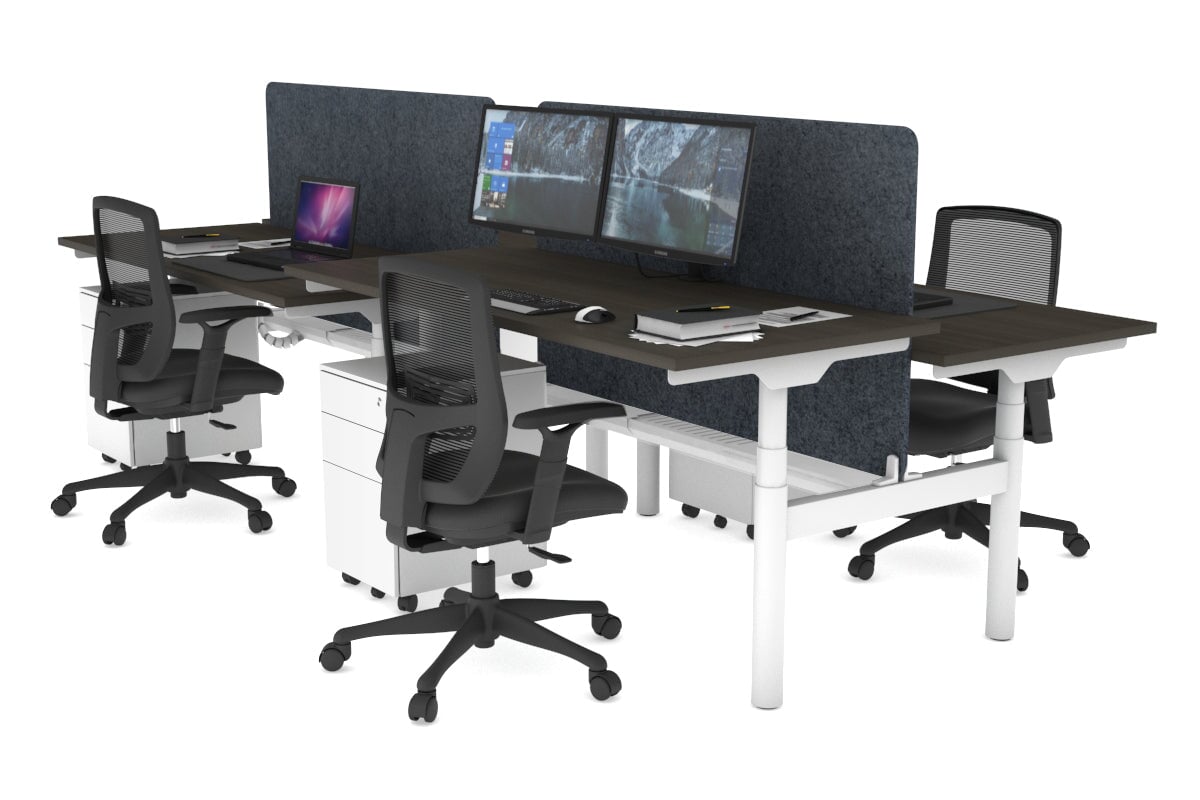 Flexi Premium Height Adjustable 4 Person H-Bench Workstation - White Frame [1800L x 700W] Jasonl dark oak dark grey echo panel (820H x 1600W) white cable tray