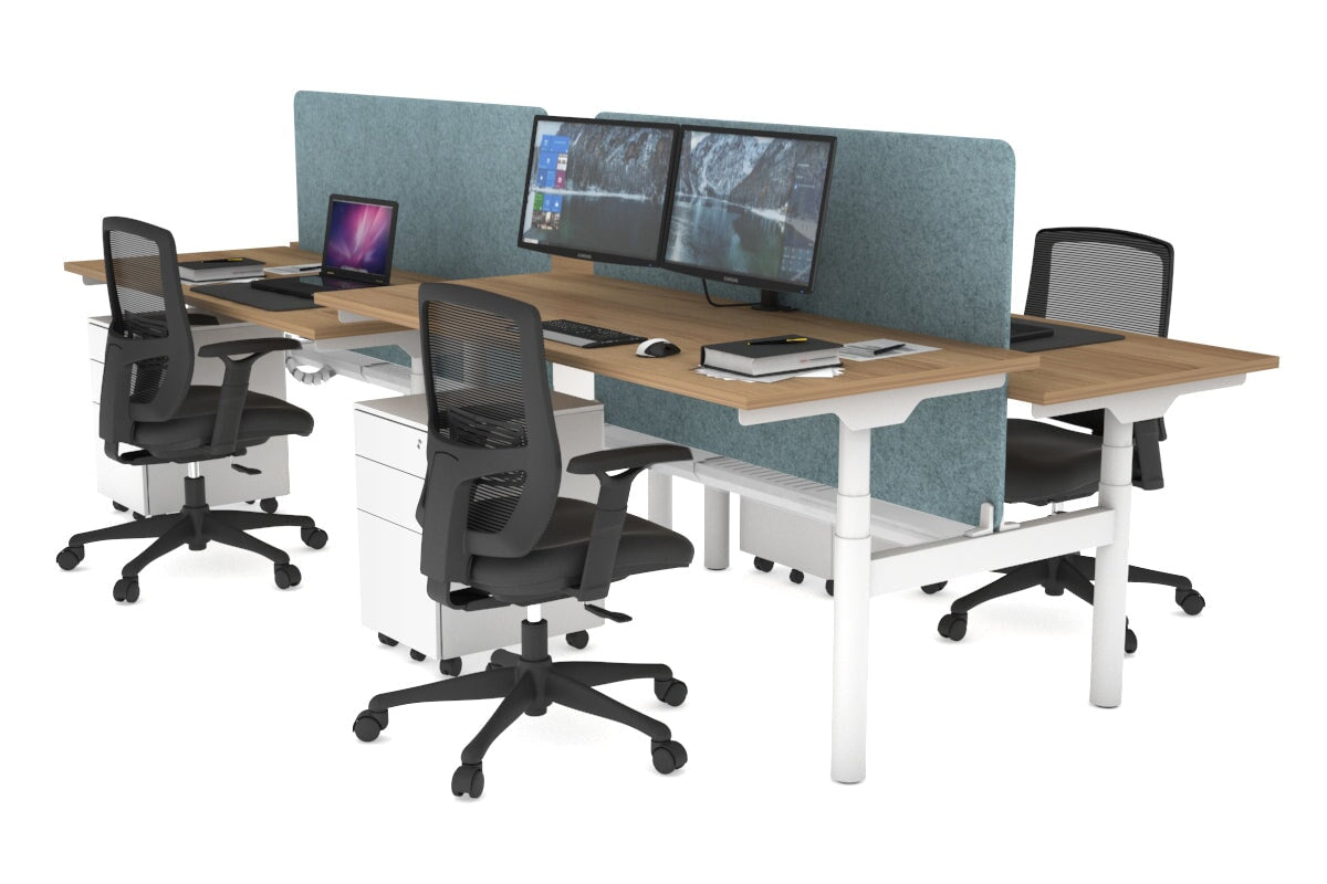 Flexi Premium Height Adjustable 4 Person H-Bench Workstation - White Frame [1800L x 700W] Jasonl salvage oak blue echo panel (820H x 1600W) white cable tray