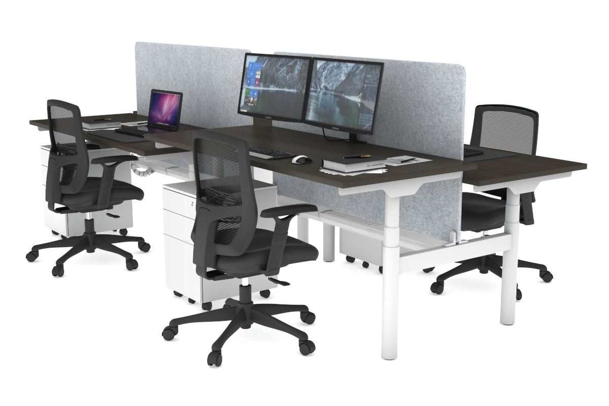 Flexi Premium Height Adjustable 4 Person H-Bench Workstation - White Frame [1800L x 700W] Jasonl dark oak light grey echo panel (820H x 1600W) white cable tray