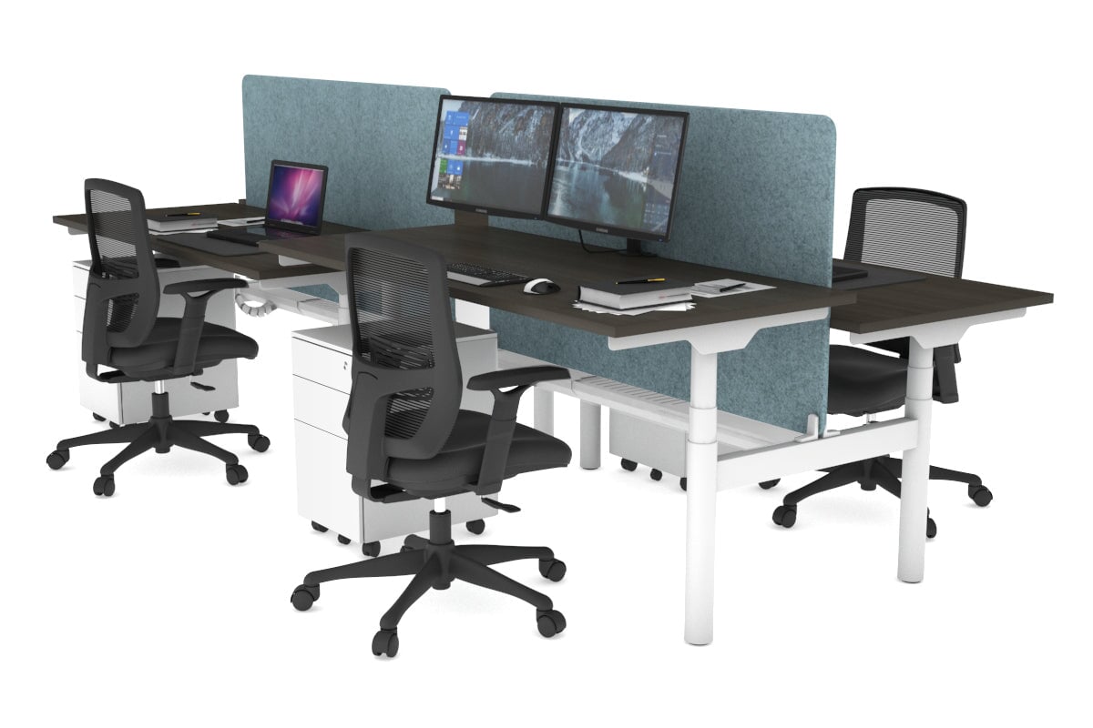 Flexi Premium Height Adjustable 4 Person H-Bench Workstation - White Frame [1800L x 700W] Jasonl dark oak blue echo panel (820H x 1600W) white cable tray