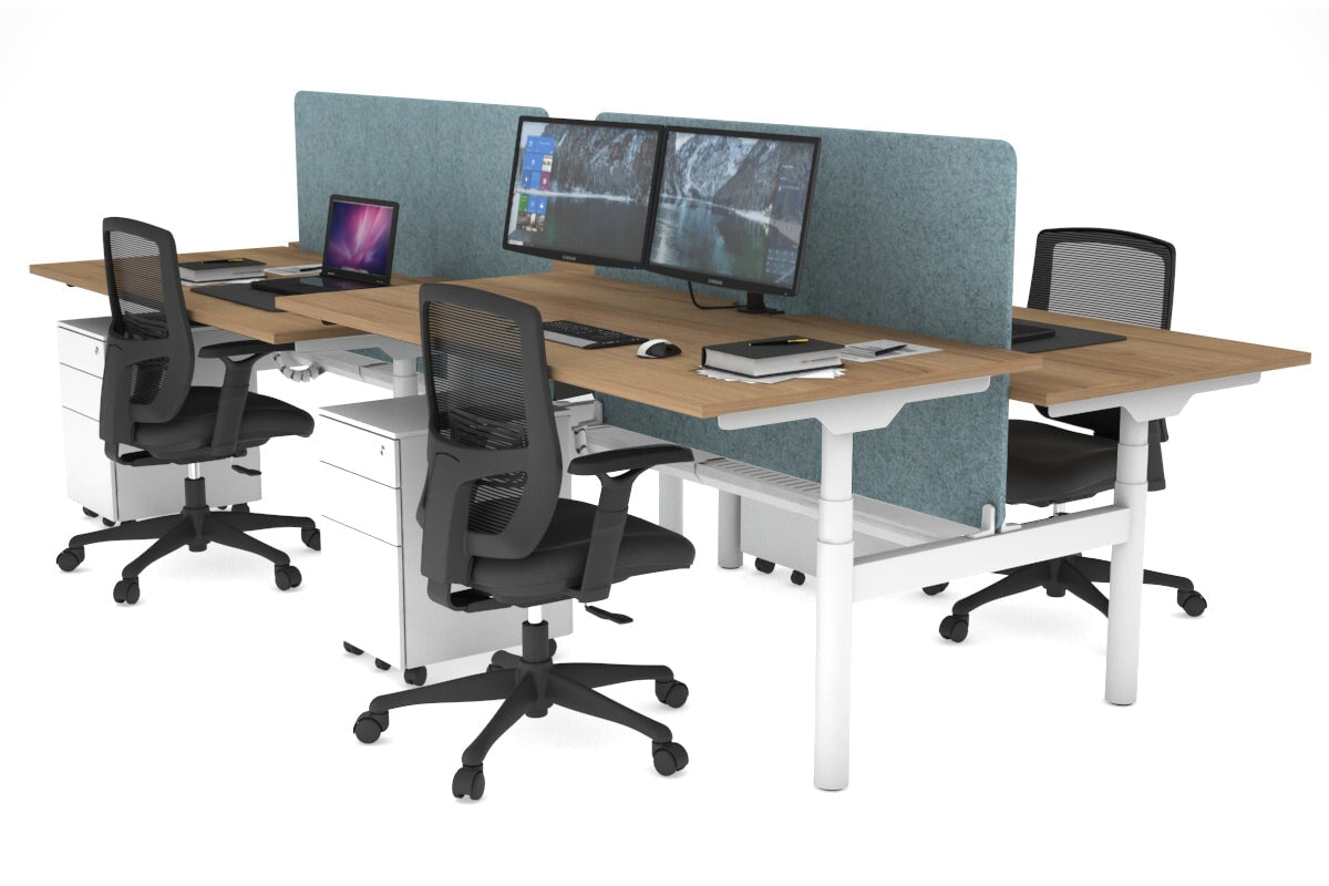 Flexi Premium Height Adjustable 4 Person H-Bench Workstation - White Frame [1800L x 800W with Cable Scallop] Jasonl salvage oak blue echo panel (820H x 1600W) white cable tray