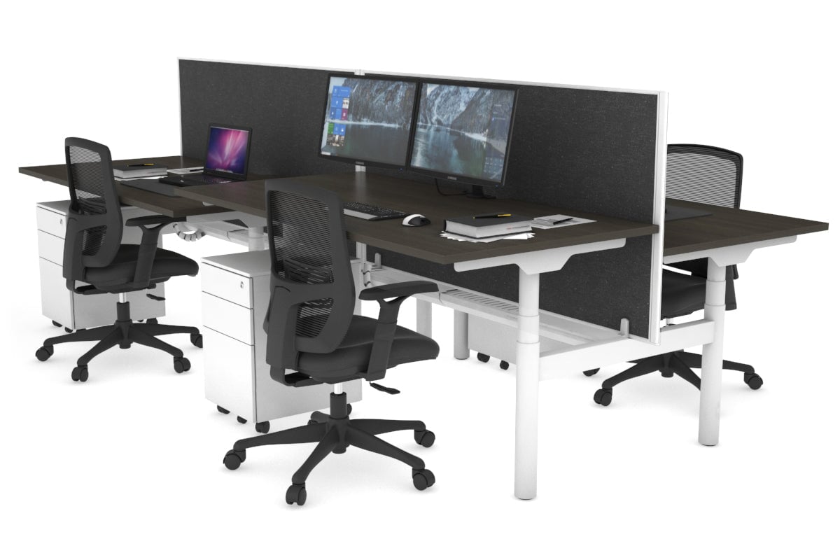 Flexi Premium Height Adjustable 4 Person H-Bench Workstation - White Frame [1800L x 800W with Cable Scallop] Jasonl dark oak moody charchoal (820H x 1800W) white cable tray