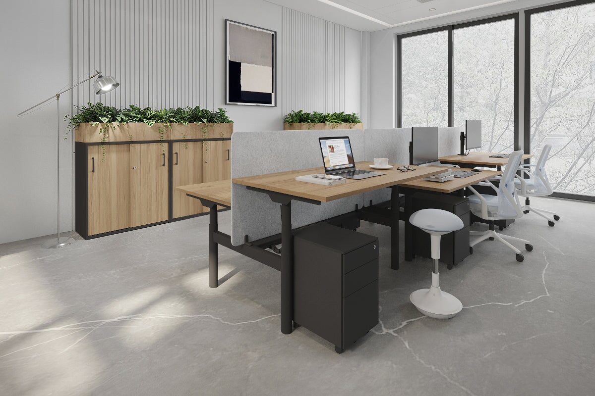 Flexi Premium Height Adjustable 6 Person H-Bench Workstation - Black Frame [1200L x 700W]-dark oak moody charchoal (820H x 1200W) black cable tray