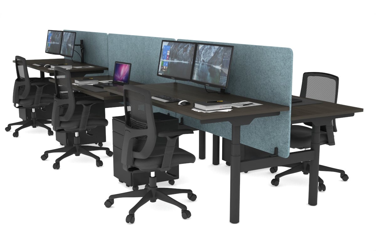 Flexi Premium Height Adjustable 6 Person H-Bench Workstation - Black Frame [1200L x 700W]-dark oak blue echo panel (820H x 1200W) none