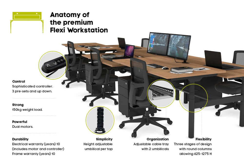 Flexi Premium Height Adjustable 6 Person H-Bench Workstation - Black Frame [1600L x 700W]-dark oak moody charchoal (820H x 1600W) black cable tray