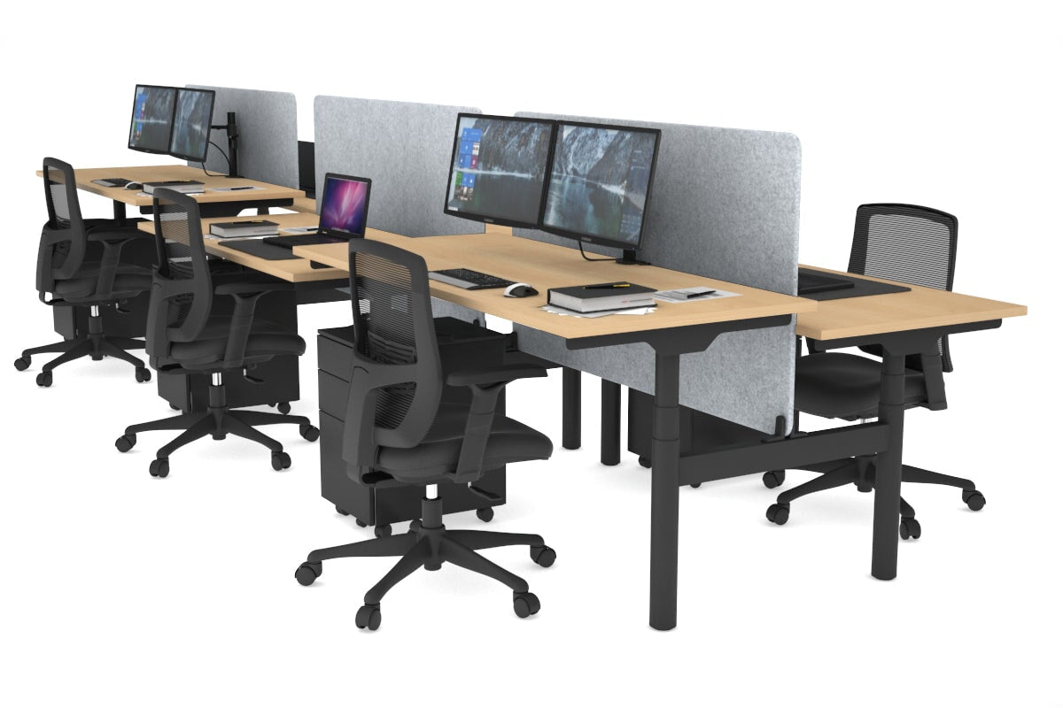 Flexi Premium Height Adjustable 6 Person H-Bench Workstation - Black Frame [1800L x 700W]-maple light grey echo panel (820H x 1600W) none