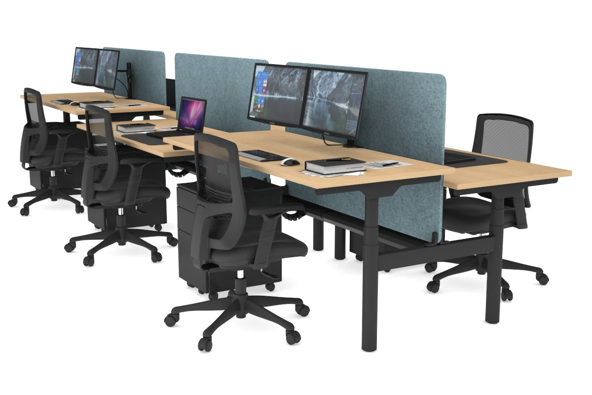 Flexi Premium Height Adjustable 6 Person H-Bench Workstation - Black Frame [1800L x 700W] Jasonl maple blue echo panel (820H x 1600W) black cable tray