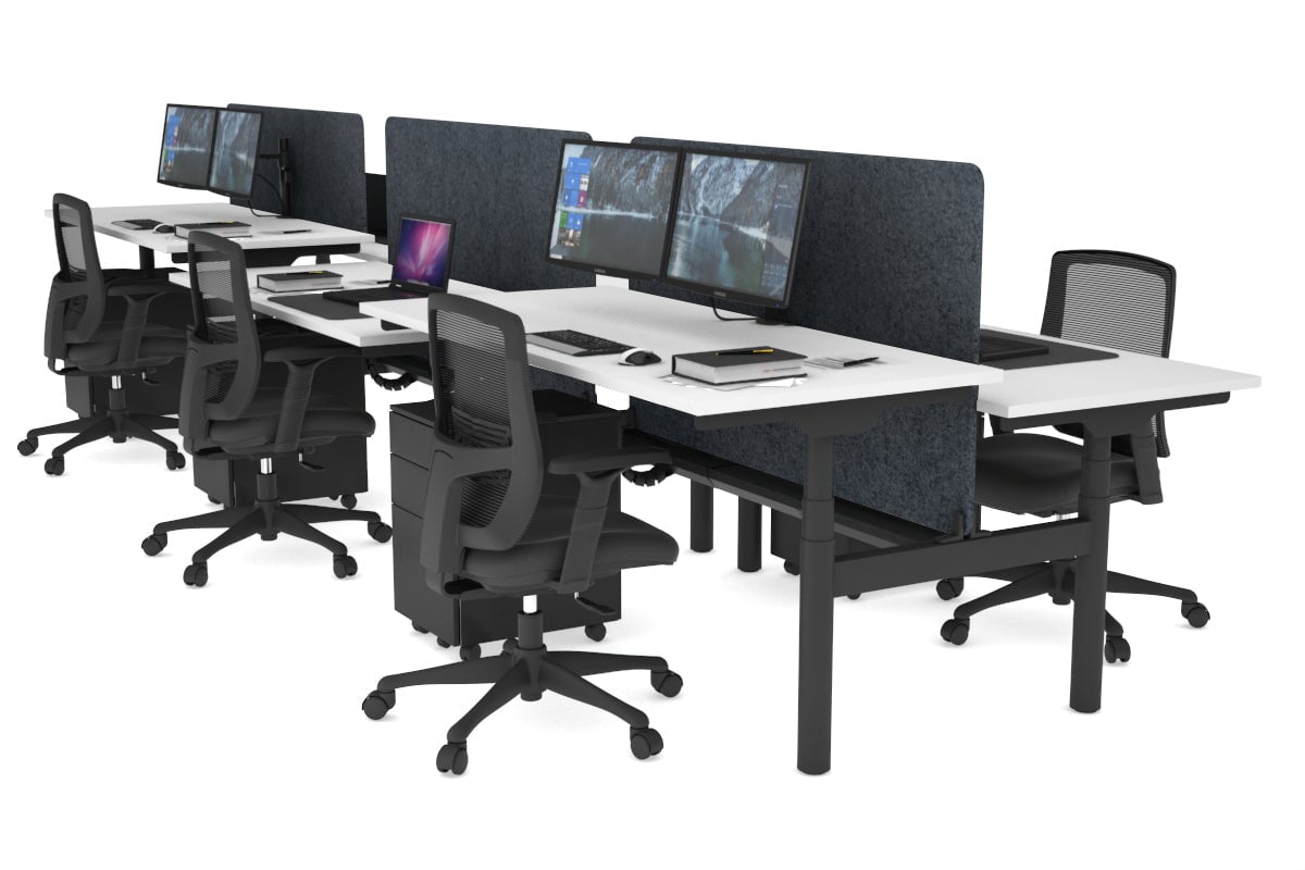 Flexi Premium Height Adjustable 6 Person H-Bench Workstation - Black Frame [1800L x 700W] Jasonl white dark grey echo panel (820H x 1600W) black cable tray