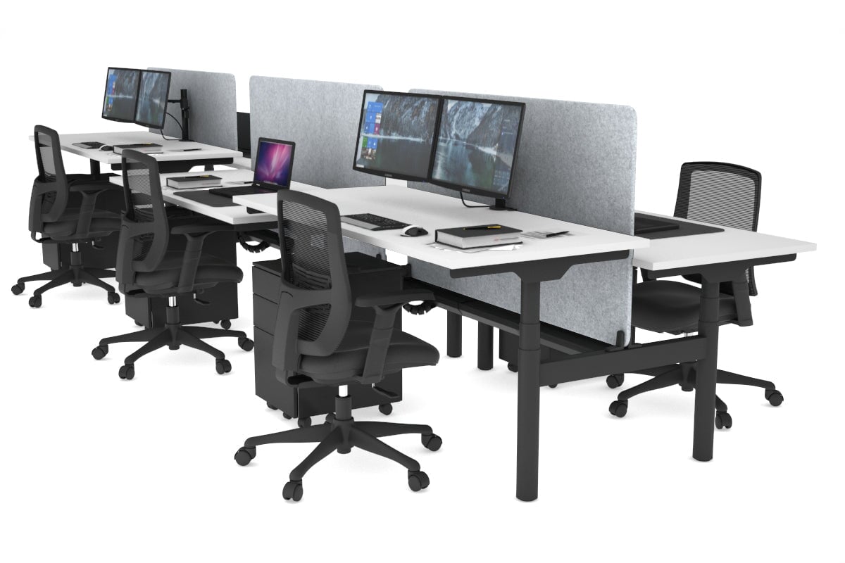 Flexi Premium Height Adjustable 6 Person H-Bench Workstation - Black Frame [1800L x 700W]-white light grey echo panel (820H x 1600W) black cable tray