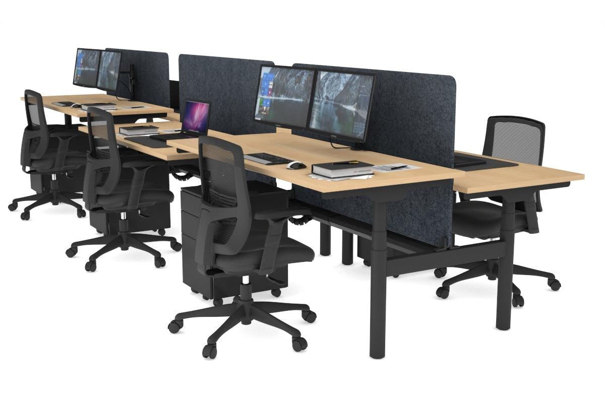 Flexi Premium Height Adjustable 6 Person H-Bench Workstation - Black Frame [1800L x 700W] Jasonl maple dark grey echo panel (820H x 1600W) black cable tray