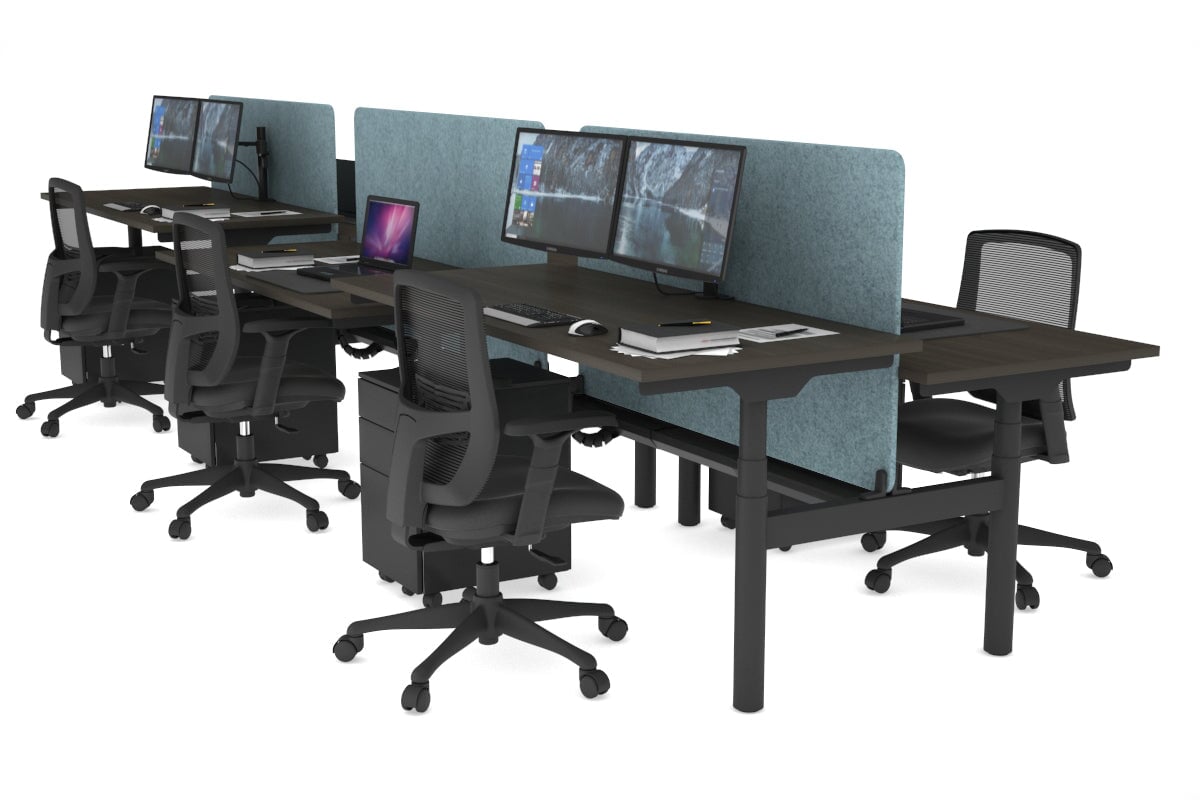 Flexi Premium Height Adjustable 6 Person H-Bench Workstation - Black Frame [1800L x 700W] Jasonl dark oak blue echo panel (820H x 1600W) black cable tray