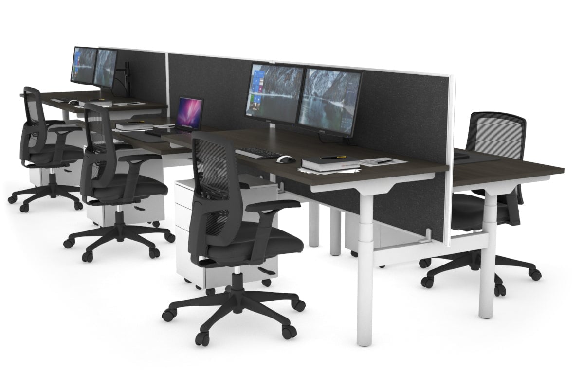 Flexi Premium Height Adjustable 6 Person H-Bench Workstation - White Frame [1200L x 700W]-dark oak moody charchoal (820H x 1200W) none