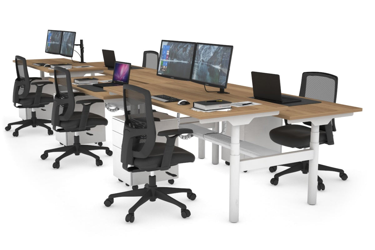 Flexi Premium Height Adjustable 6 Person H-Bench Workstation - White Frame [1200L x 700W]-salvage oak none white cable tray