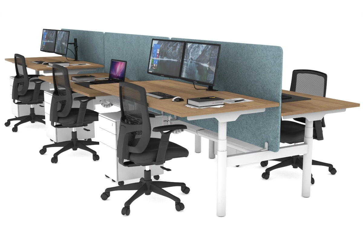 Flexi Premium Height Adjustable 6 Person H-Bench Workstation - White Frame [1200L x 800W with Cable Scallop] Jasonl salvage oak blue echo panel (820H x 1200W) white cable tray