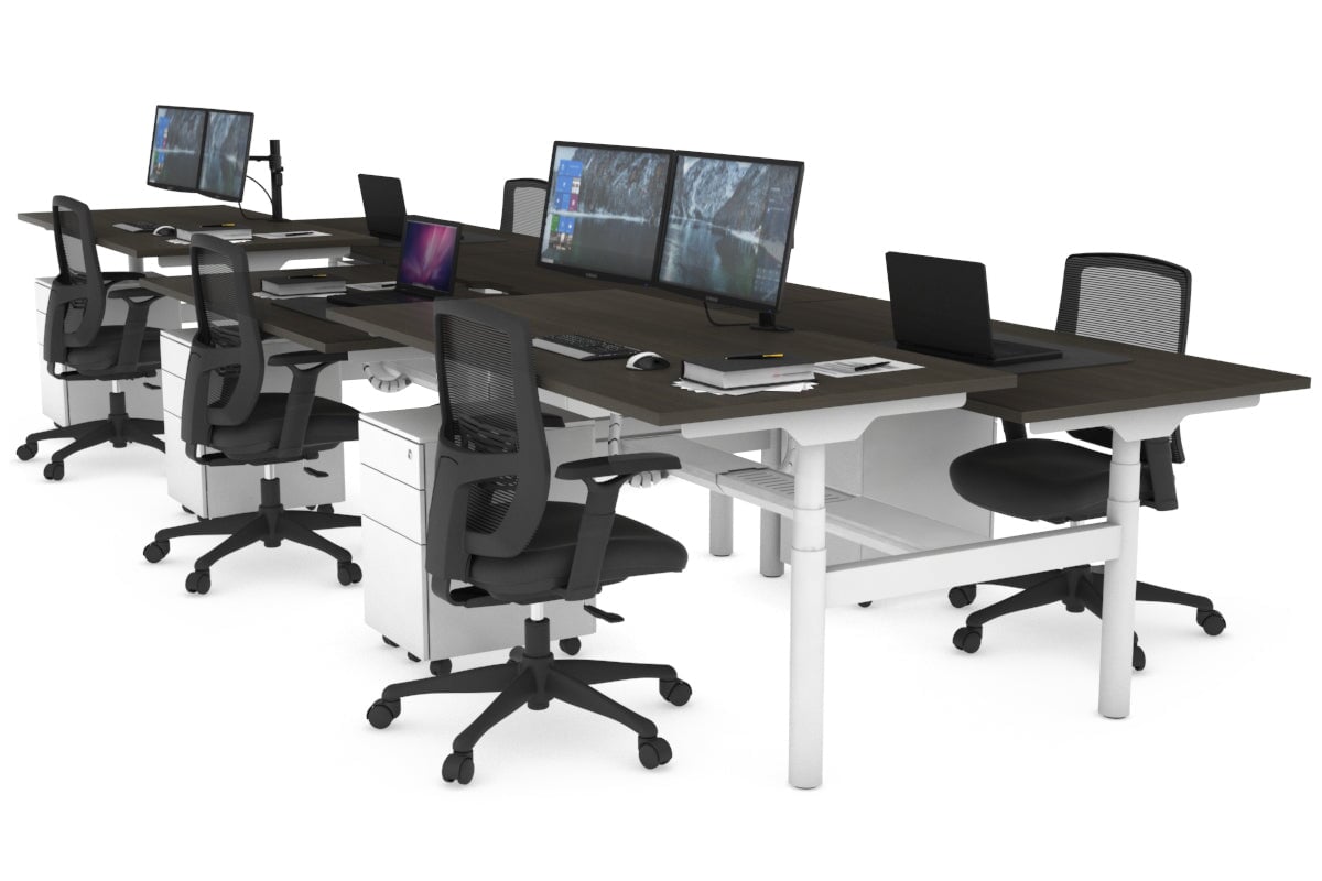 Flexi Premium Height Adjustable 6 Person H-Bench Workstation - White Frame [1200L x 800W with Cable Scallop] Jasonl dark oak none white cable tray