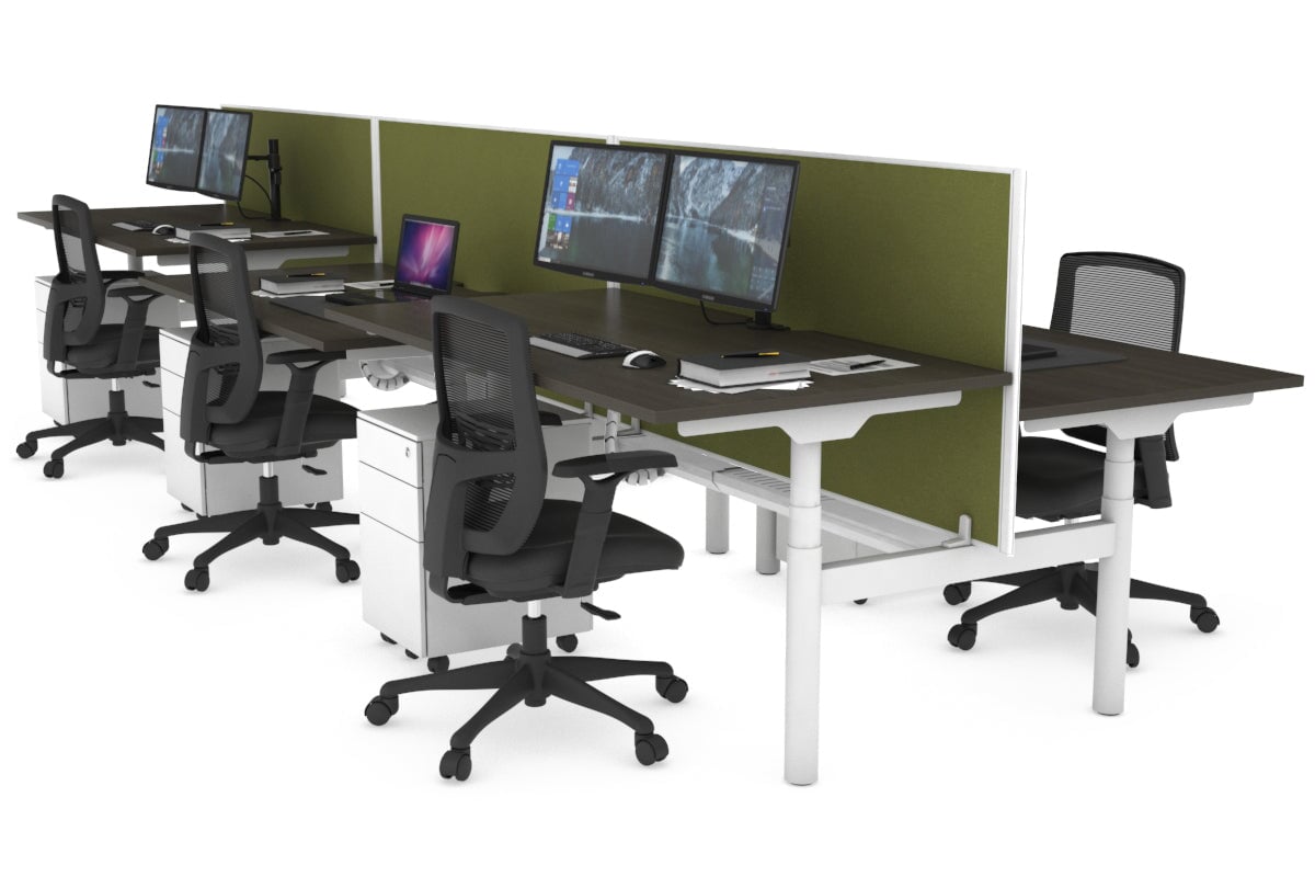 Flexi Premium Height Adjustable 6 Person H-Bench Workstation - White Frame [1200L x 800W with Cable Scallop] Jasonl dark oak green moss (820H x 1200W) white cable tray