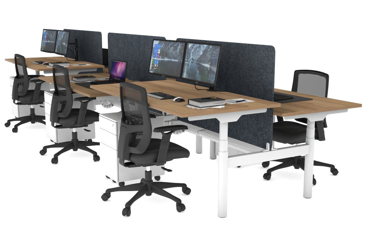 Flexi Premium Height Adjustable 6 Person H-Bench Workstation - White Frame [1400L x 800W with Cable Scallop] Jasonl salvage oak dark grey echo panel (820H x 1200W) white cable tray
