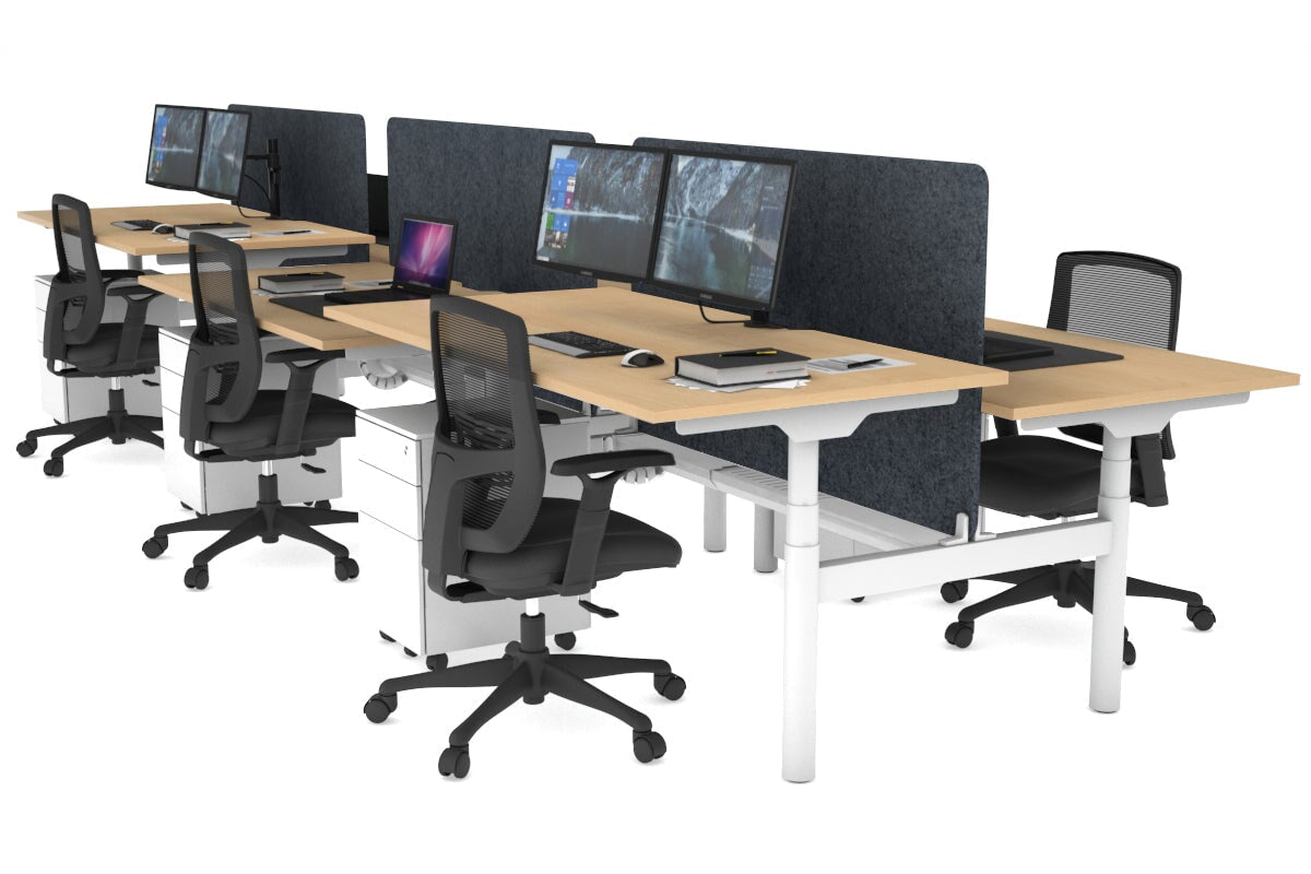 Flexi Premium Height Adjustable 6 Person H-Bench Workstation - White Frame [1400L x 800W with Cable Scallop] Jasonl maple dark grey echo panel (820H x 1200W) white cable tray