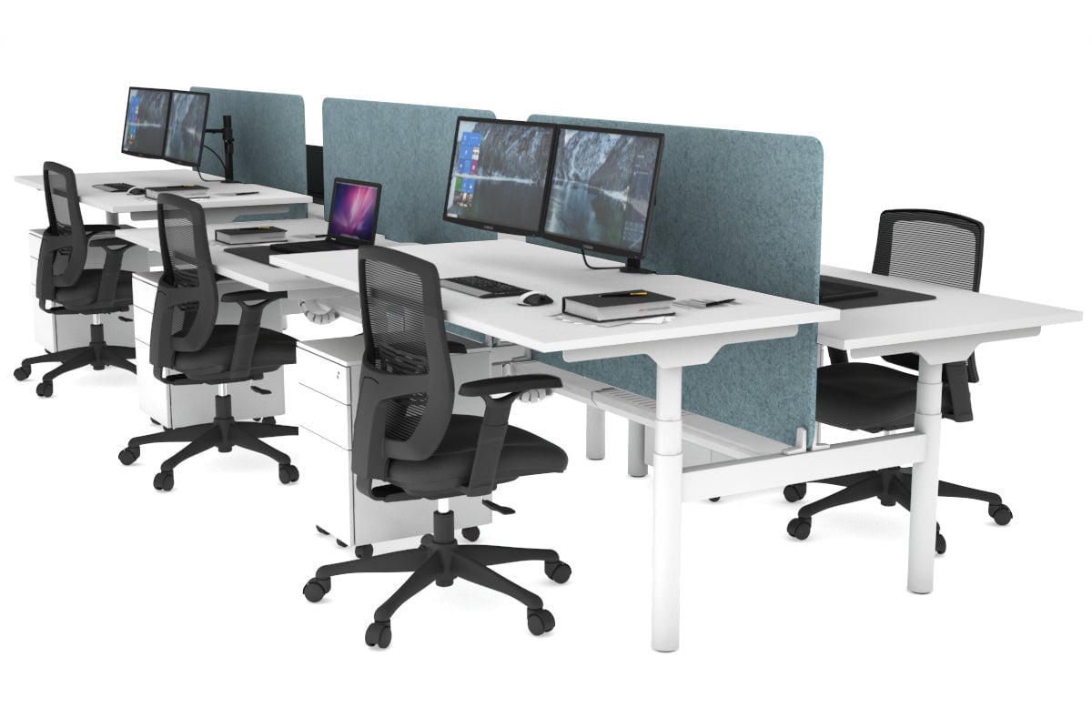 Flexi Premium Height Adjustable 6 Person H-Bench Workstation - White Frame [1400L x 800W with Cable Scallop] Jasonl white blue echo panel (820H x 1200W) white cable tray