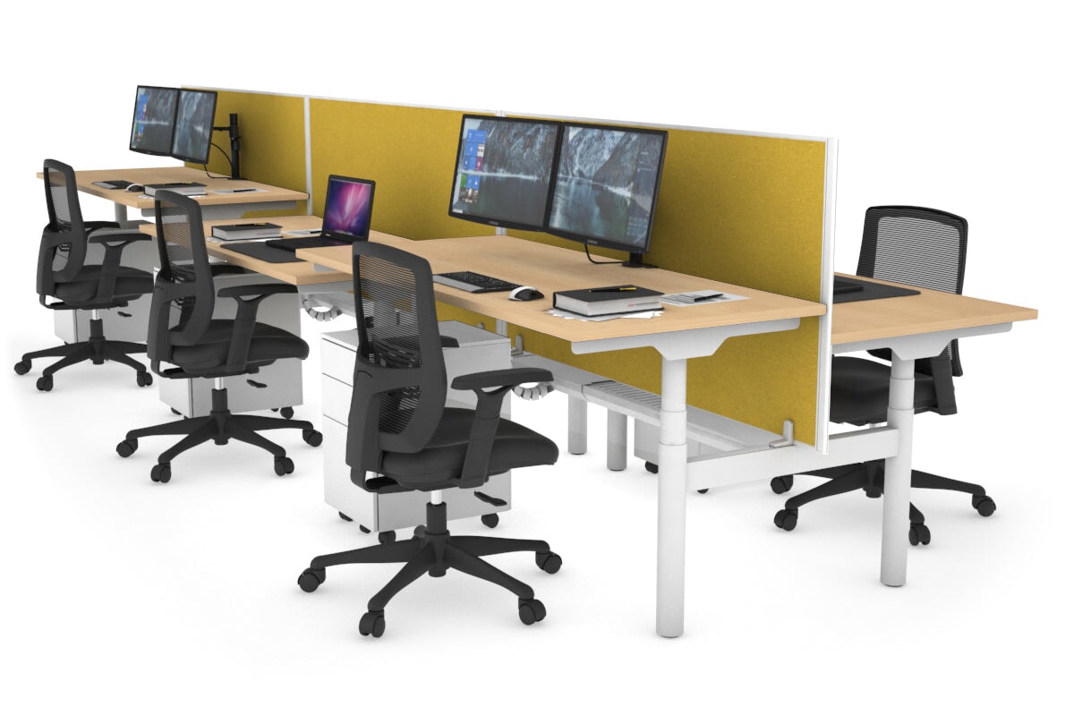 Flexi Premium Height Adjustable 6 Person H-Bench Workstation - White Frame [1600L x 700W] Jasonl maple mustard yellow (820H x 1600W) white cable tray