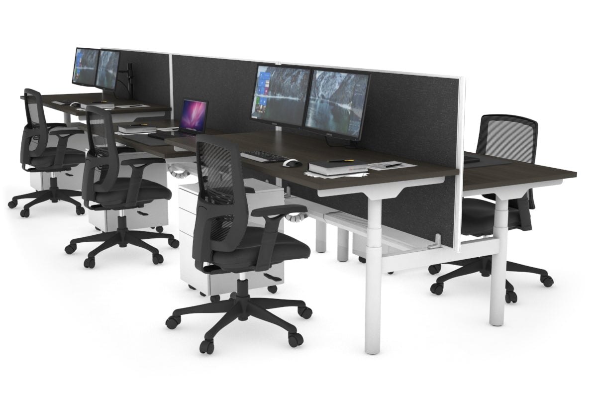 Flexi Premium Height Adjustable 6 Person H-Bench Workstation - White Frame [1600L x 700W] Jasonl dark oak moody charchoal (820H x 1600W) white cable tray