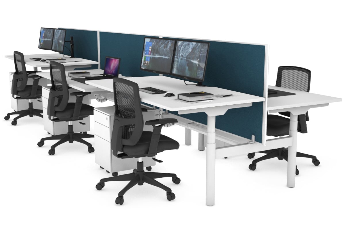 Flexi Premium Height Adjustable 6 Person H-Bench Workstation - White Frame [1600L x 800W with Cable Scallop] Jasonl white deep blue (820H x 1600W) white cable tray