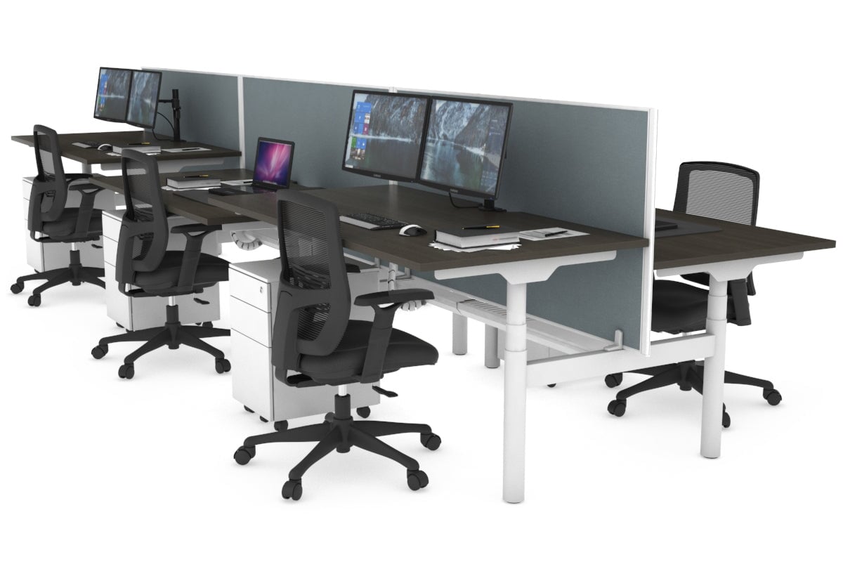 Flexi Premium Height Adjustable 6 Person H-Bench Workstation - White Frame [1600L x 800W with Cable Scallop] Jasonl dark oak cool grey (820H x 1600W) white cable tray