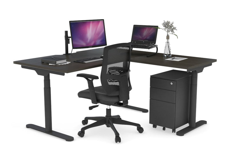 Flexi Premium Height Adjustable Corner Workstation [1400L x 1550W with Cable Scallop] Jasonl Black dark oak 