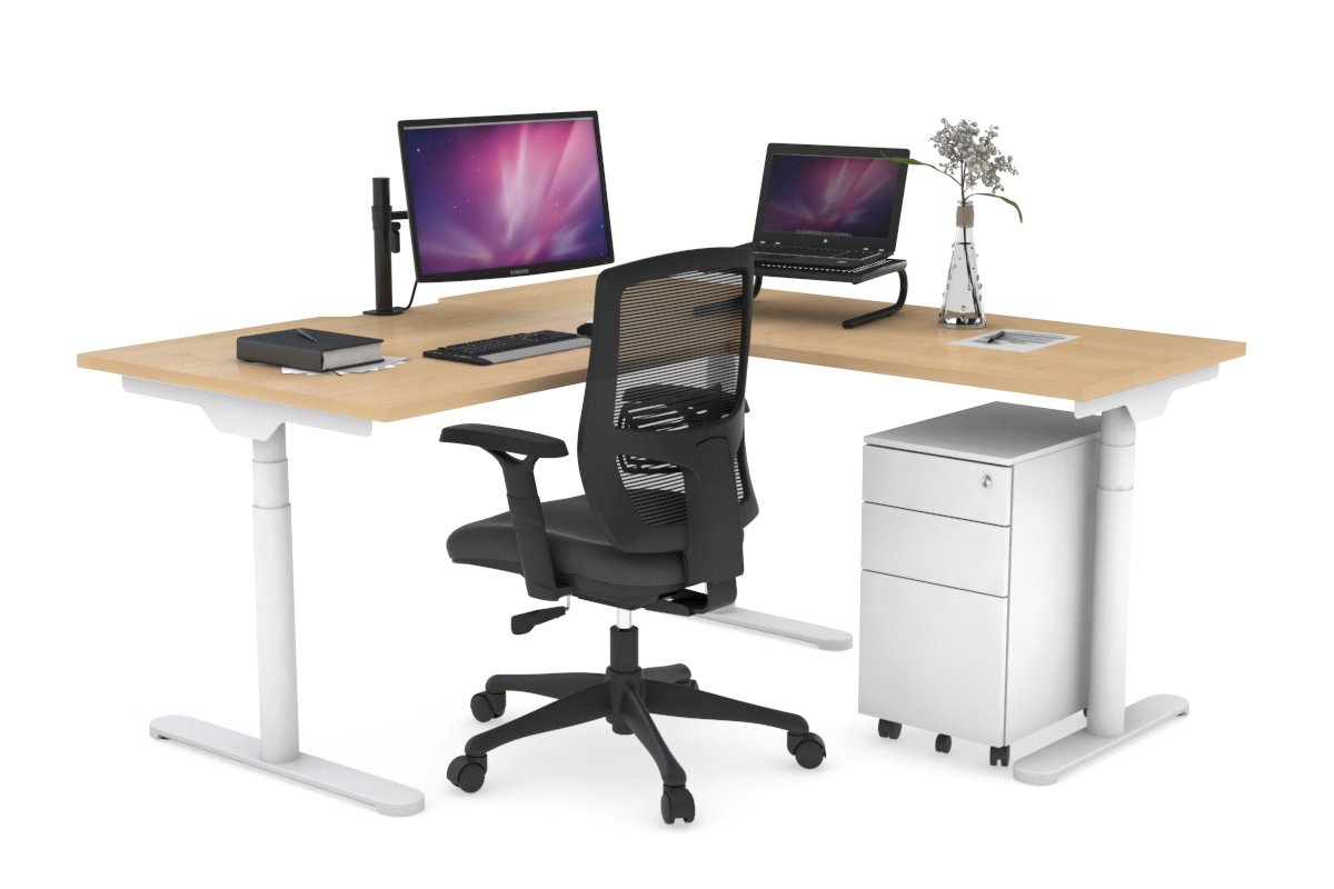 Flexi Premium Height Adjustable Corner Workstation [1400L x 1550W with Cable Scallop] Jasonl White maple 