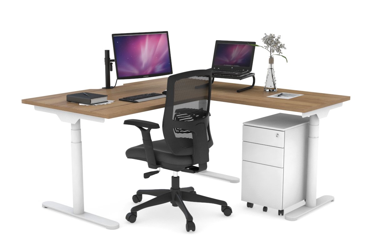 Flexi Premium Height Adjustable Corner Workstation [1400L x 1550W with Cable Scallop] Jasonl White salvage oak 