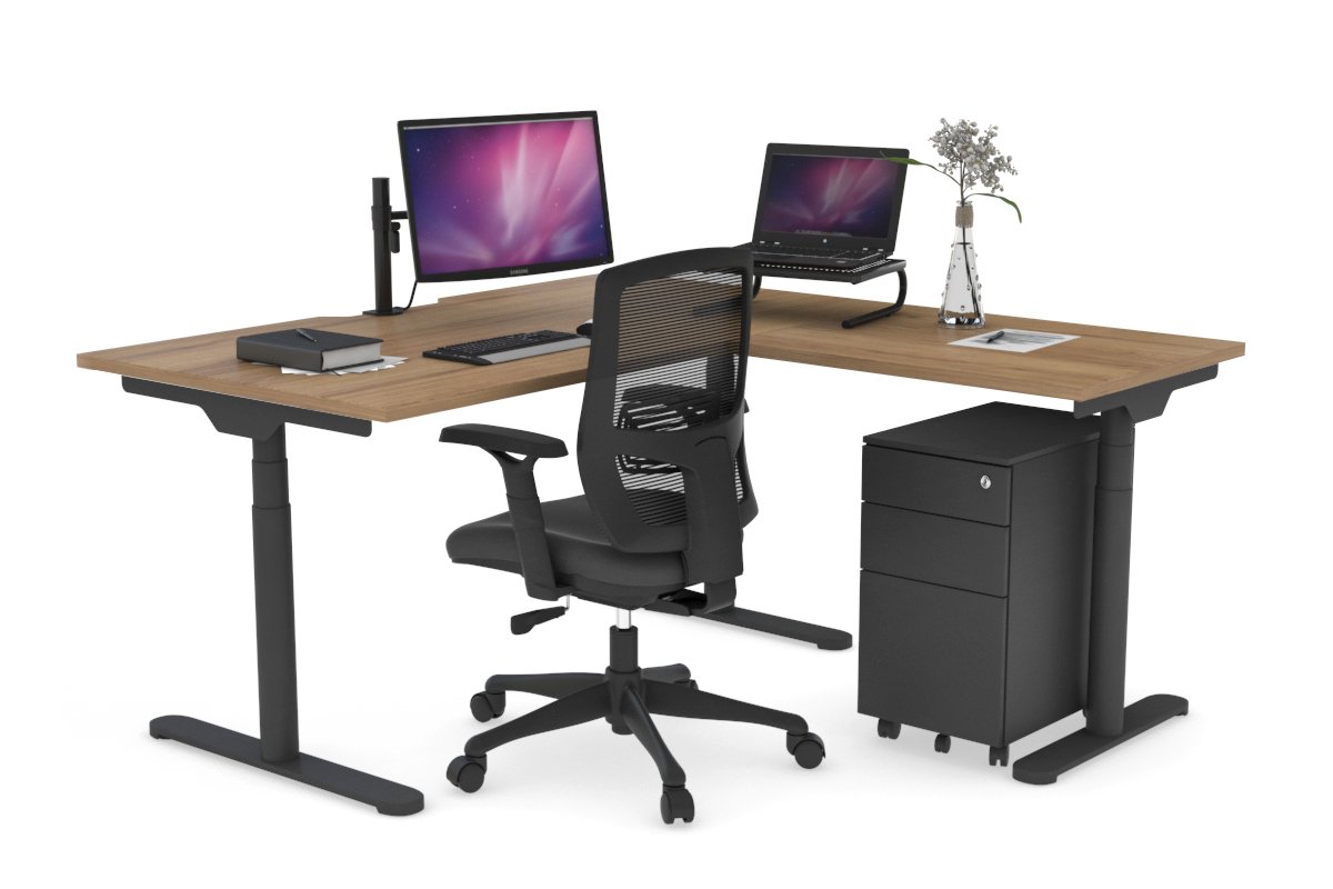 Flexi Premium Height Adjustable Corner Workstation [1400L x 1550W with Cable Scallop]-Black salvage oak 