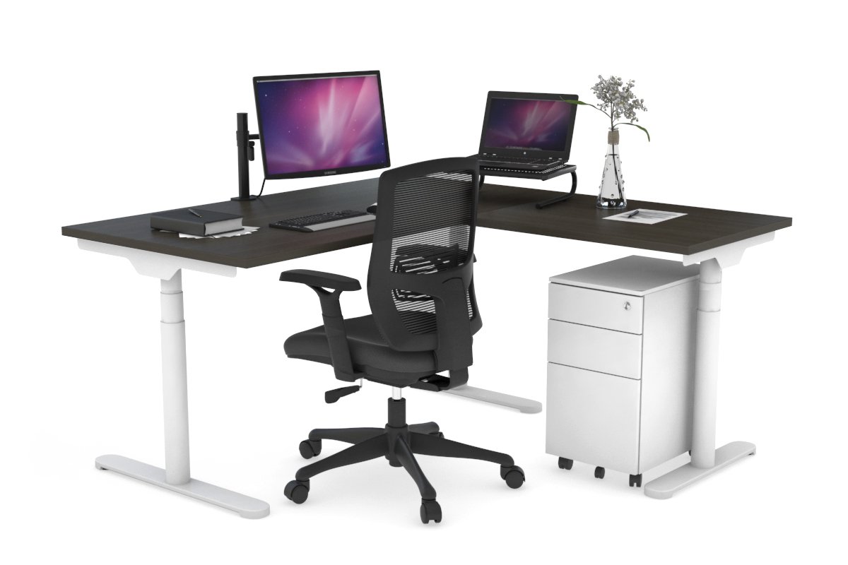 Flexi Premium Height Adjustable Corner Workstation [1400L x 1700W] Jasonl White dark oak 