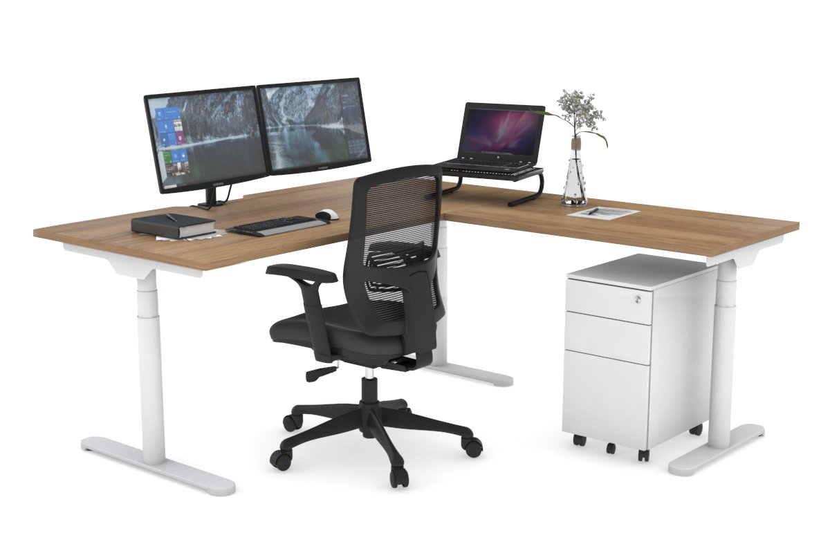 Flexi Premium Height Adjustable Corner Workstation [1600L x 1800W with Cable Scallop] Jasonl White salvage oak 