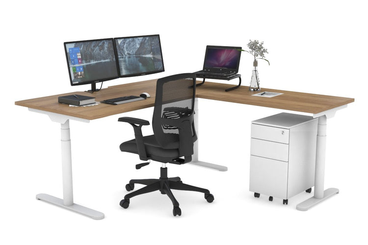 Flexi Premium Height Adjustable Corner Workstation [1600L x 1800W with Cable Scallop] Jasonl White salvage oak 