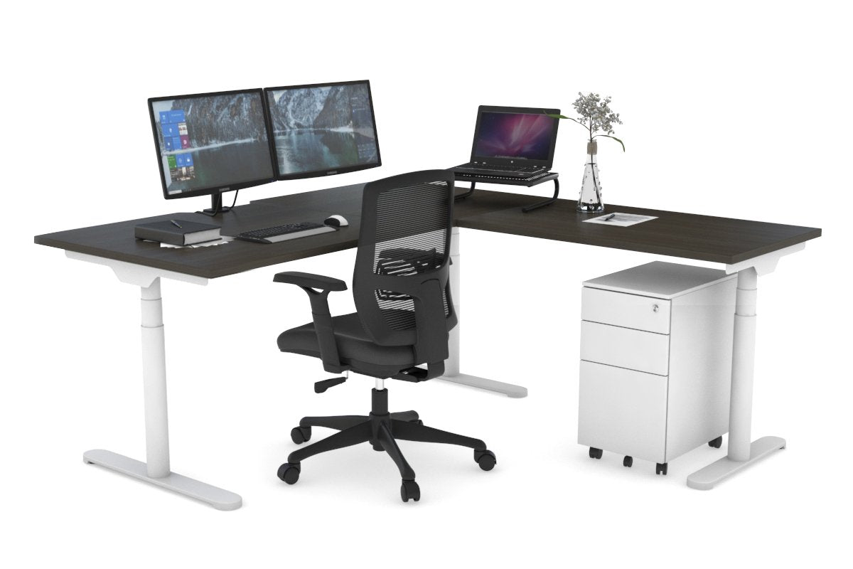 Flexi Premium Height Adjustable Corner Workstation [1600L x 1800W with Cable Scallop] Jasonl White dark oak 