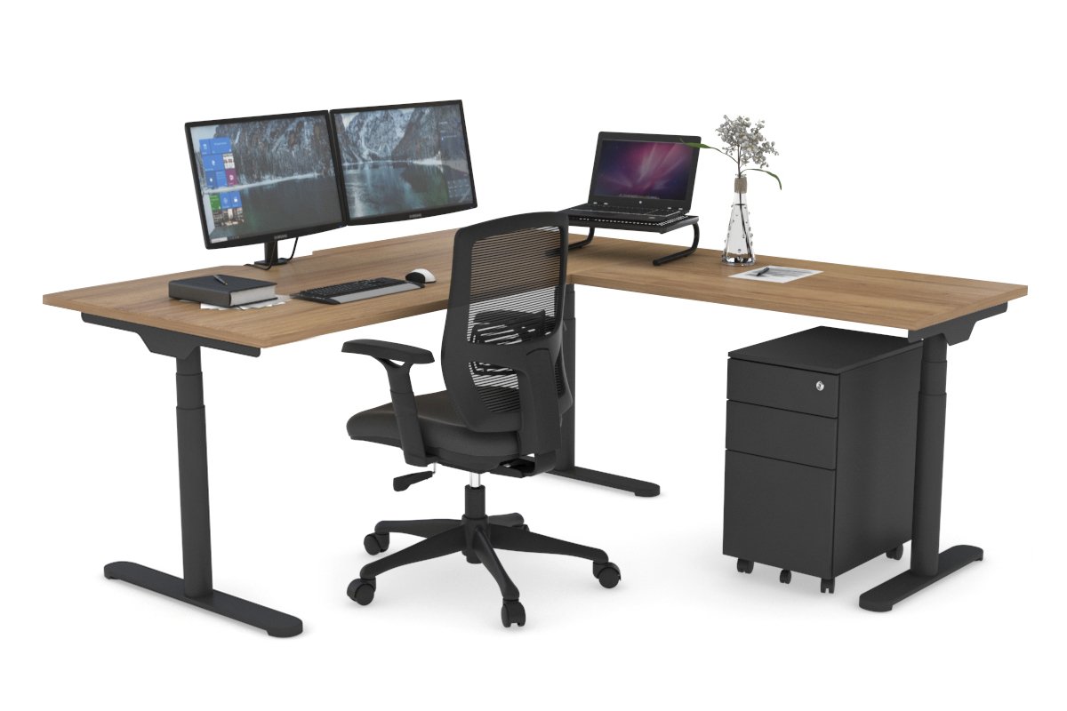 Flexi Premium Height Adjustable Corner Workstation [1600L x 1800W with Cable Scallop] Jasonl Black salvage oak 