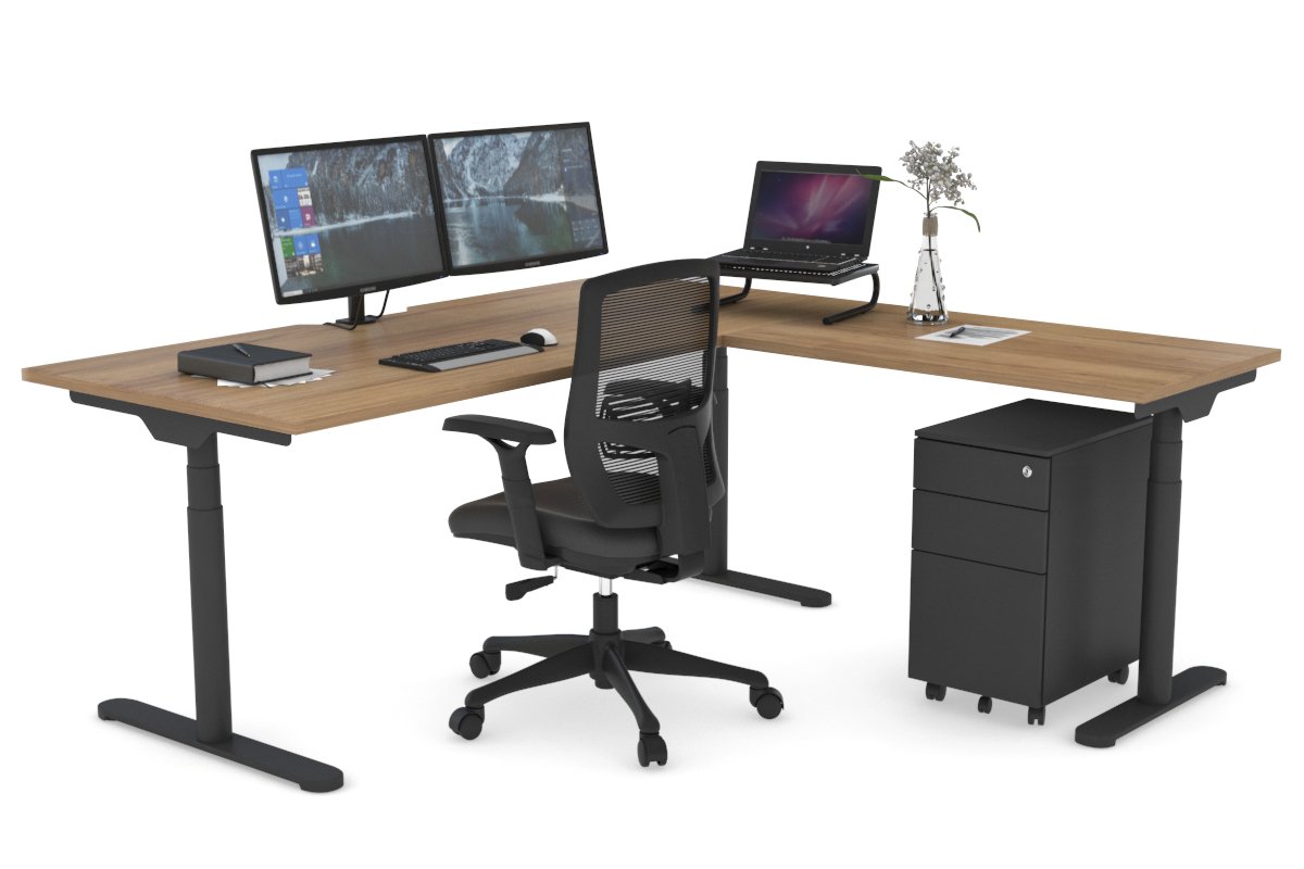 Flexi Premium Height Adjustable Corner Workstation [1800L x 1550W with Cable Scallop] Jasonl Black salvage oak 