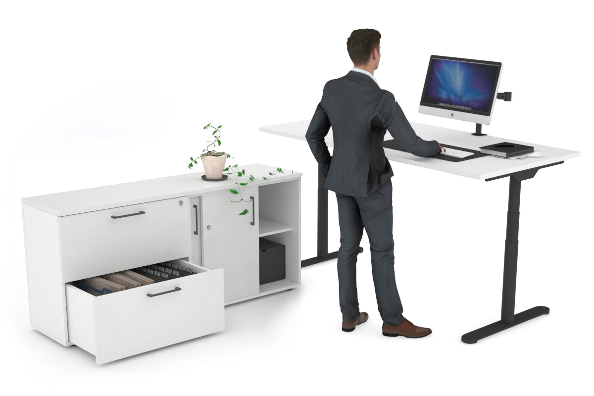 Flexi Premium Height Adjustable Desk Executive Setting [1600L x 700W] Jasonl black frame white 2 drawer lateral sliding door credenza